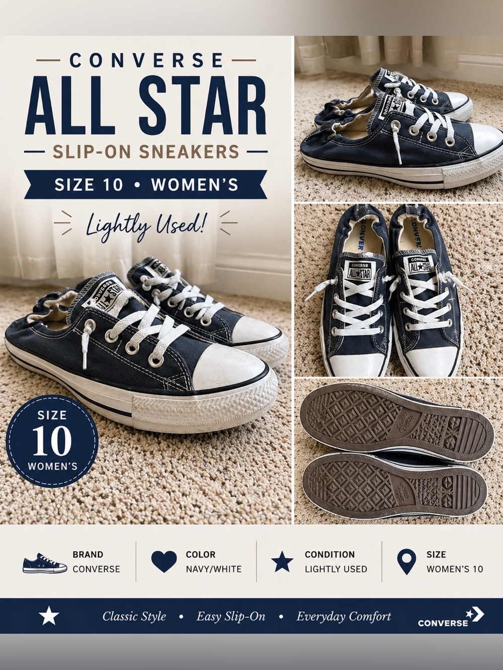 Converse Women’s Navy and White Low-Top Slip-On Sneakers